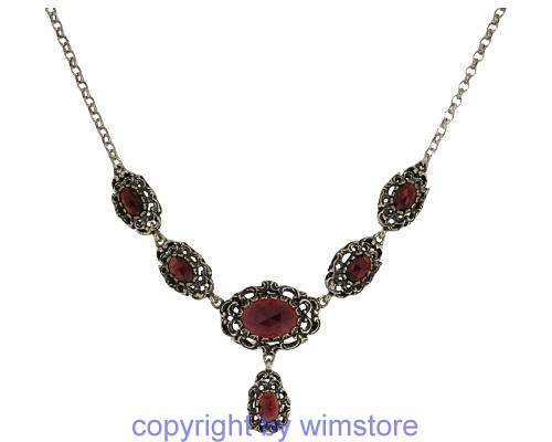 Silberkette, Trachtenschmuck, Collier, rote Steine (kein Granat), 925er Silber