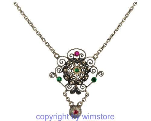 Silberkette, Trachtenschmuck, Collier, rote Steine, grüne Steine, 800er Silber